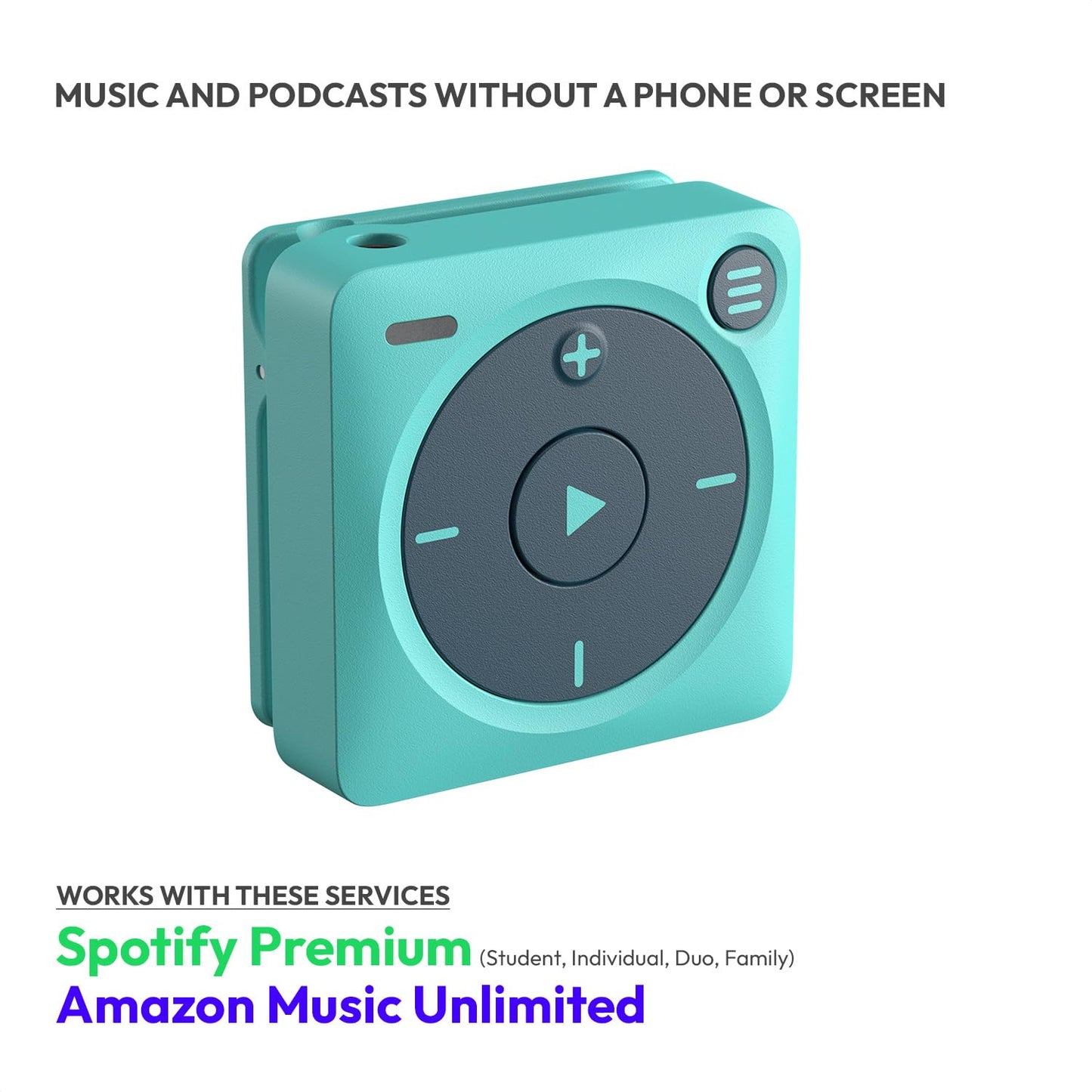 Mighty 3 Spotify & Amazon Music Player (editie 2026) - draagbaar, schermvrij, werkt offline - compatibel met Bluetooth en bedrade hoofdtelefoons - slaat meer dan 1.000 nummers op - geen telefoon nodig