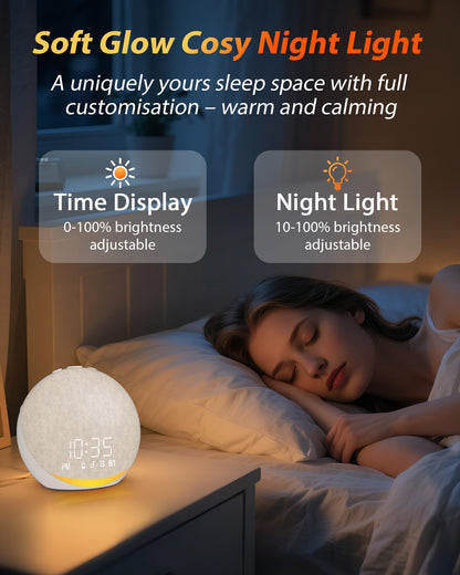 Witruismachine: Digitale Nachtkastwekker met 25 Natuurlijke Geluiden, Bluetooth-Luidspreker, 9 Nachtlampen, 32 Geluidsniveaus, 7 Timers & Geheugenfunctie, Netgevoede Wekker voor Slaapkamer
