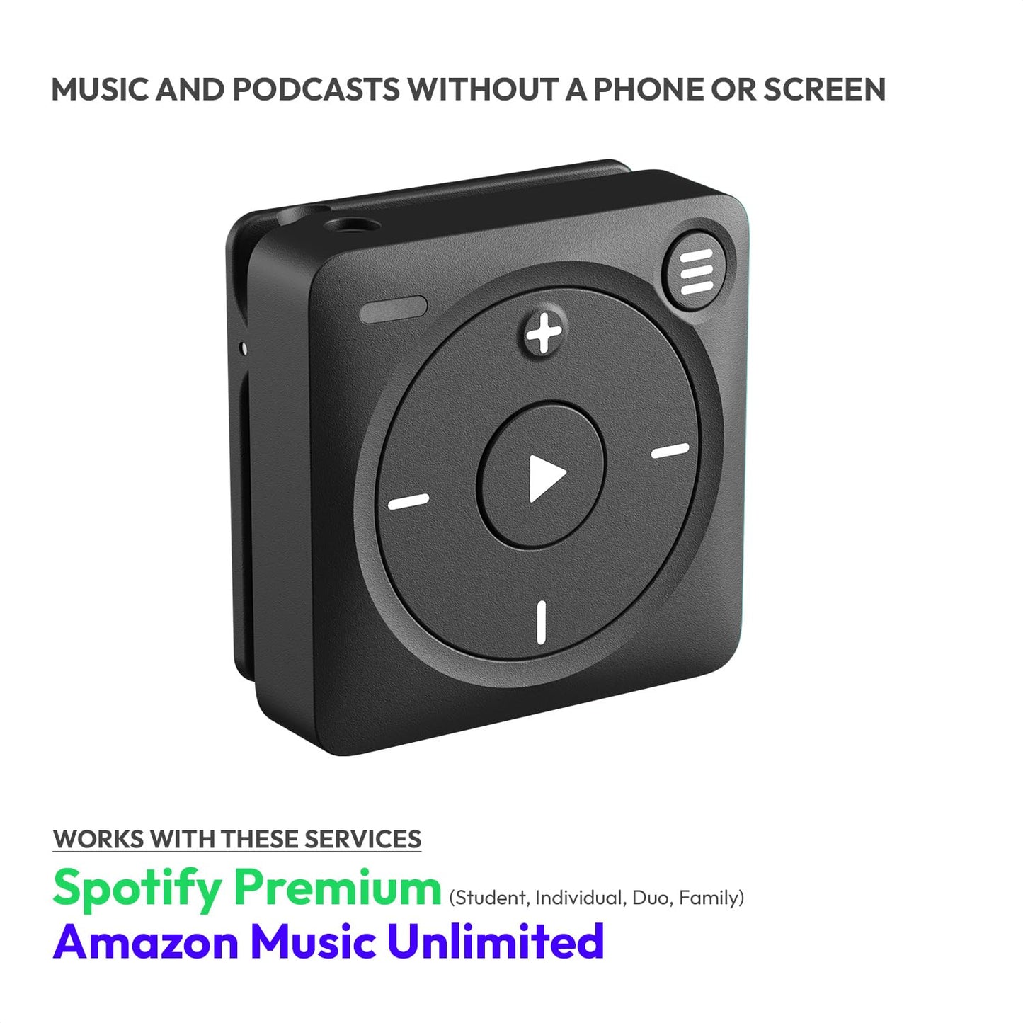 Mighty 3 Spotify & Amazon Music Player (2026 Edition) - Portable, Screen Free, Works Offline - Bluetooth and Wired Headphones Compatible - Stores Over 1,000 Songs - No Phone Needed