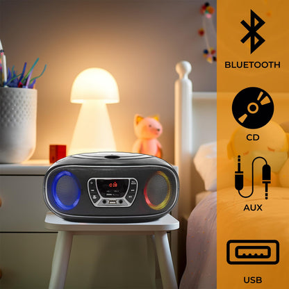 Denver Draagbare CD Speler Kinderen - Bluetooth - Lichteffecten - Boombox - AUX - FM - TCL212BT - Grijs