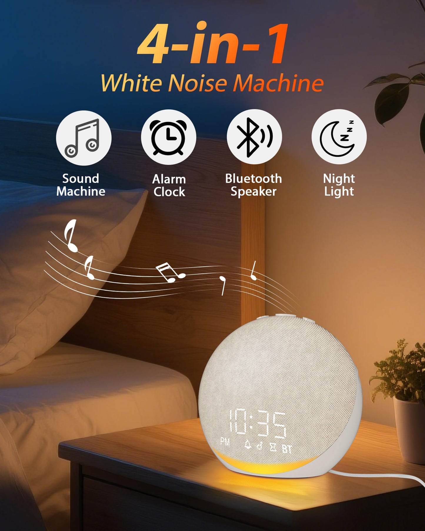 Witruismachine: Digitale Nachtkastwekker met 25 Natuurlijke Geluiden, Bluetooth-Luidspreker, 9 Nachtlampen, 32 Geluidsniveaus, 7 Timers & Geheugenfunctie, Netgevoede Wekker voor Slaapkamer