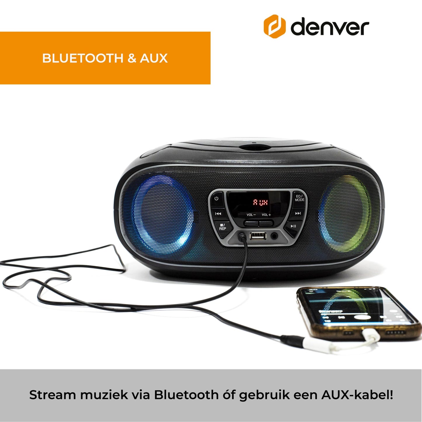 Denver Draagbare CD Speler Kinderen - Bluetooth - Lichteffecten - Boombox - AUX - FM - TCL212BT - Grijs