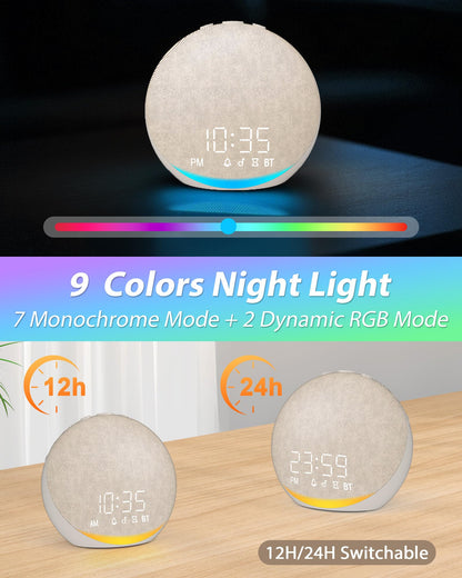 Witruismachine: Digitale Nachtkastwekker met 25 Natuurlijke Geluiden, Bluetooth-Luidspreker, 9 Nachtlampen, 32 Geluidsniveaus, 7 Timers & Geheugenfunctie, Netgevoede Wekker voor Slaapkamer