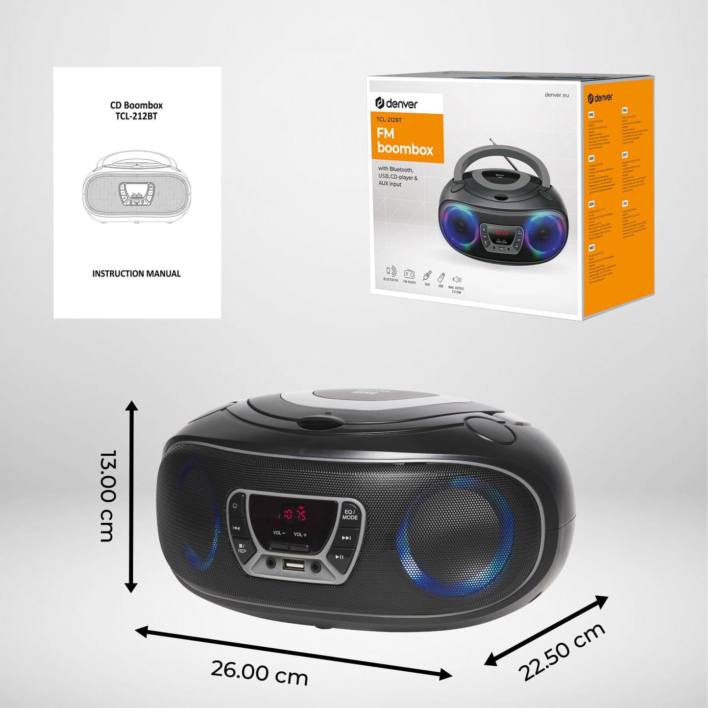 Denver Draagbare CD Speler Kinderen - Bluetooth - Lichteffecten - Boombox - AUX - FM - TCL212BT - Grijs